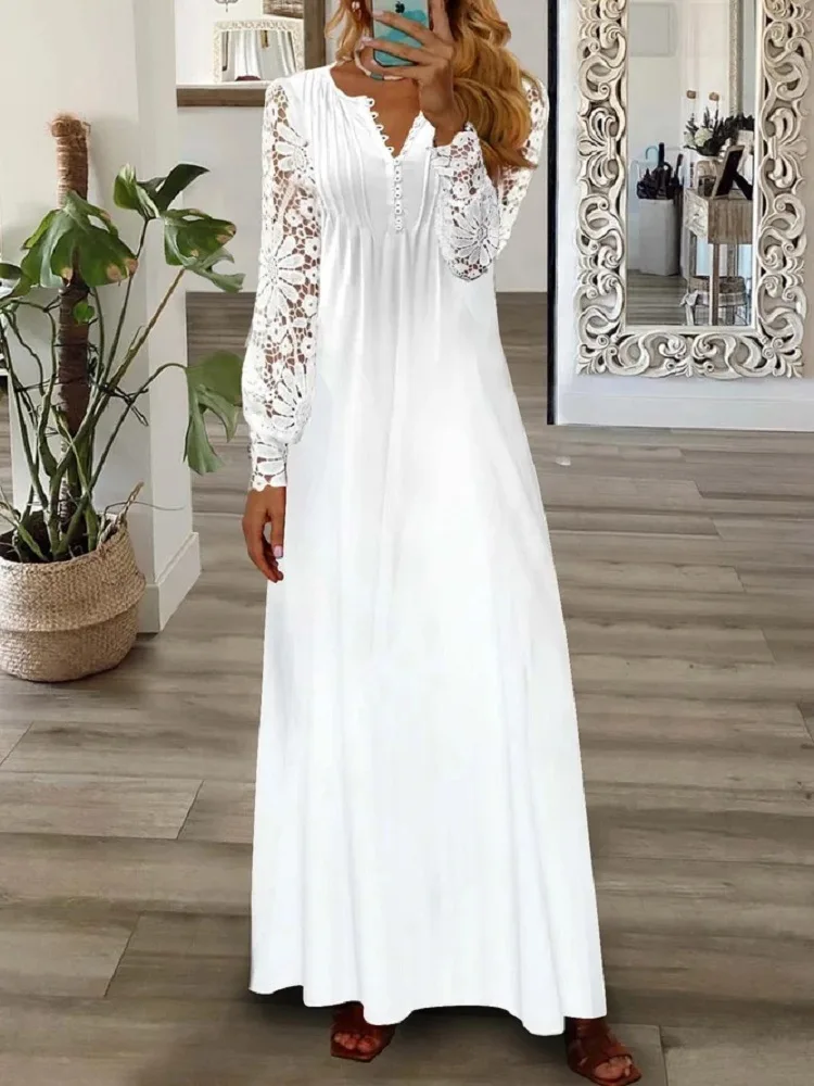 

Fashion Lace Long Sleeve Maxi White Dress Women Spring Autumn Floral Print V-neck Buttons Elegant Casual Long Dresses For Women