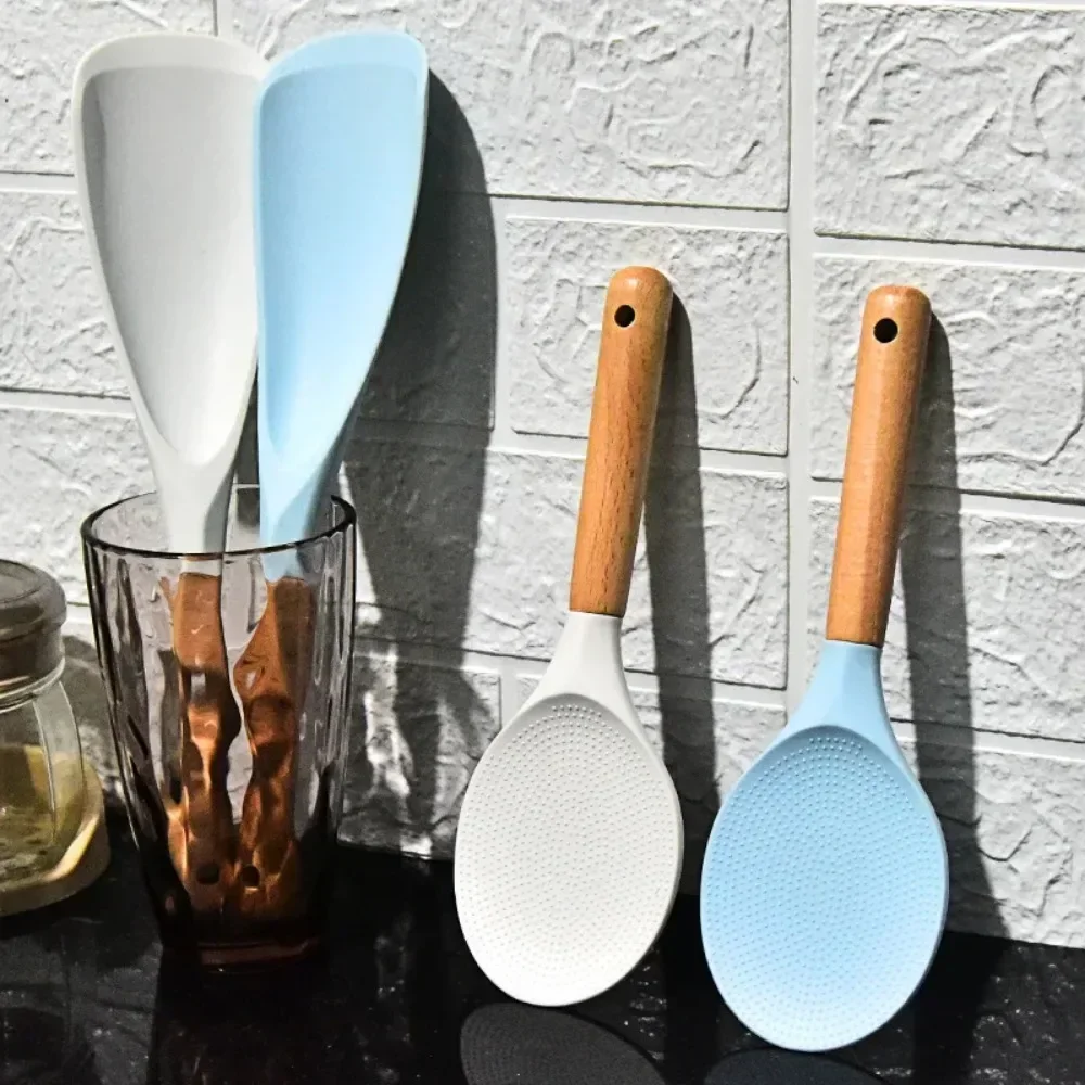 Eco-friendly Silicone Rice Spoon Wooden Handle Non-stick Rice Cooker Shovel Food Cooking Scoop Kitchen Accessories