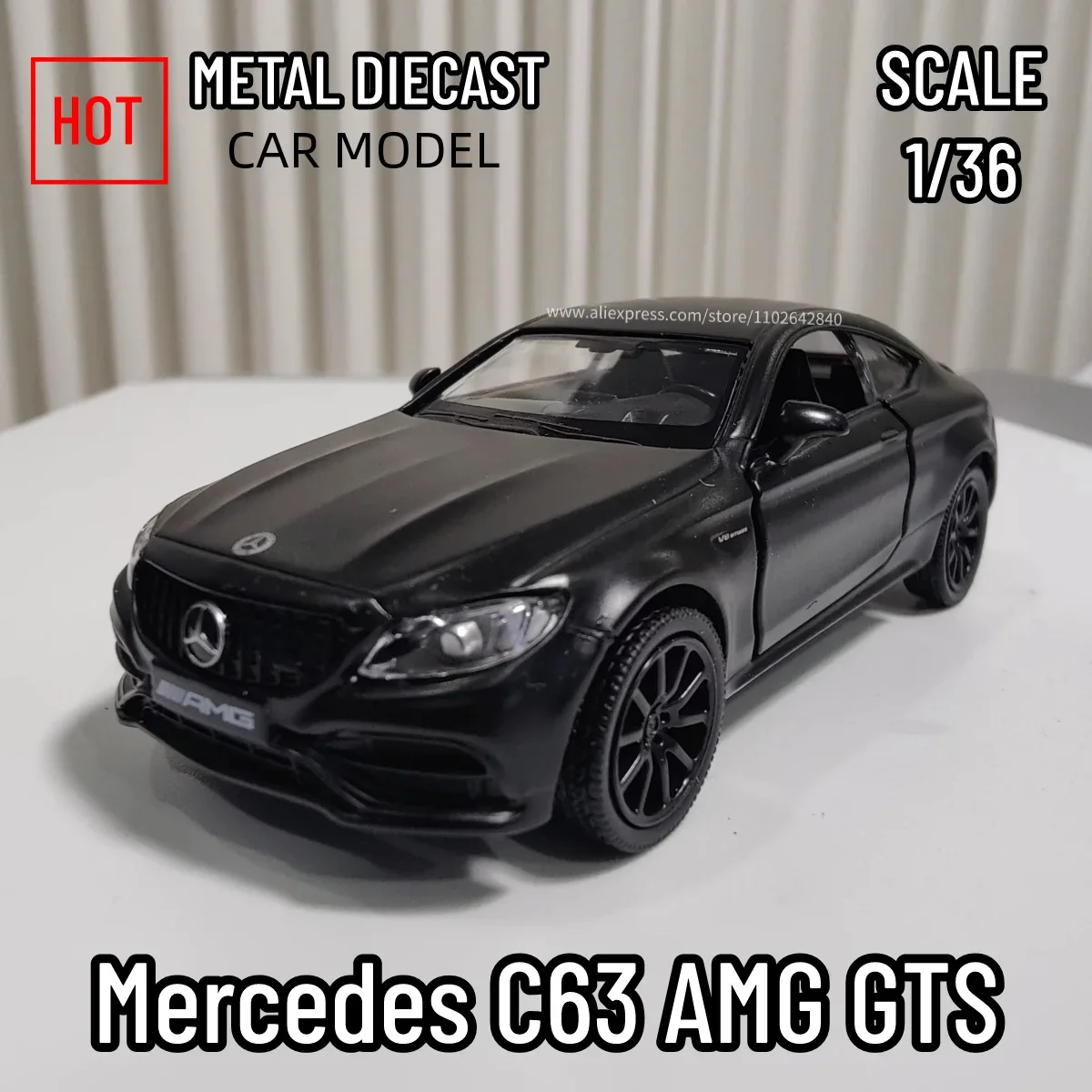 Mercedes-C63 AMG GTS Replica Diecast Car Model, Vehicle, Interior Decor, Ornament, Xmas Gift, Toy for Kid, Boy, 1/36 Scale