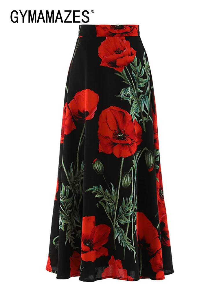 

GYMAMAZES Vintage Printing Skirts For Women High Waist A Line Patchwork Mesh Knee Lenght Skirt Female Fashion Clothing 2023 New