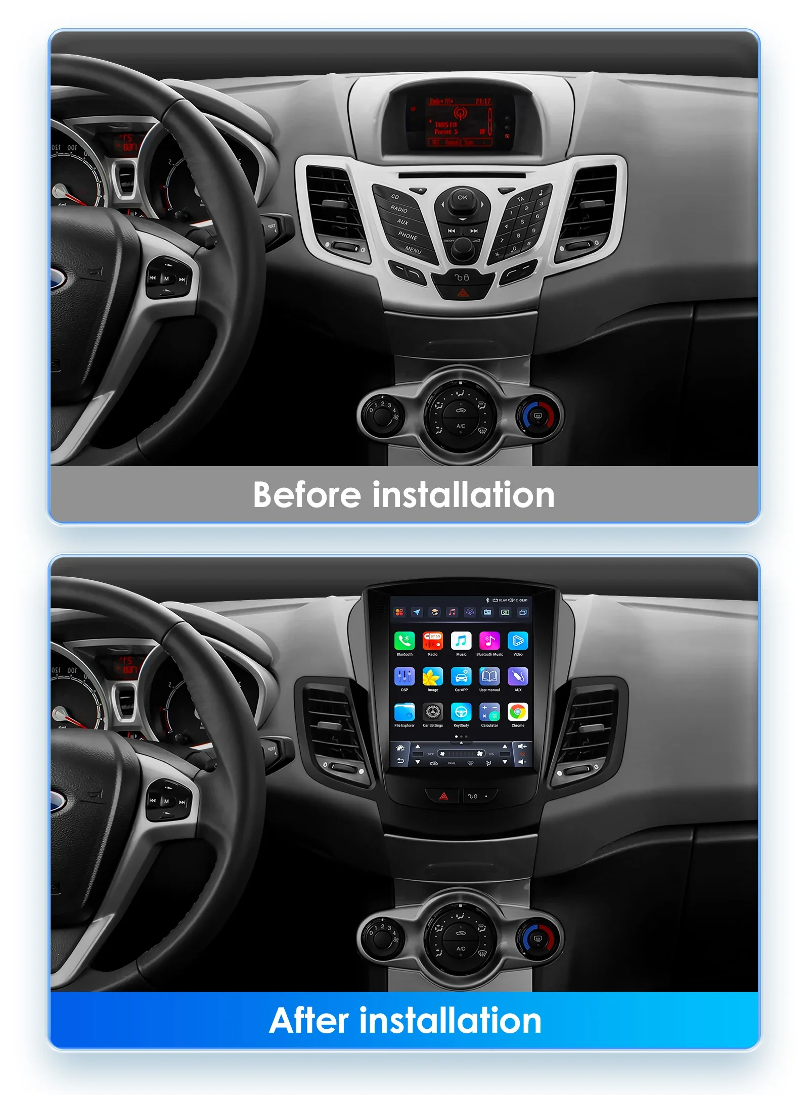 Hizpo 9,7 Zoll CarPlay Android Auto Autoradio für Ford Fiesta 2009–2016 Tesla Style Bildschirm 4G BT GPS RDS DSP SWC UIS7862 360CAM – Detail 4