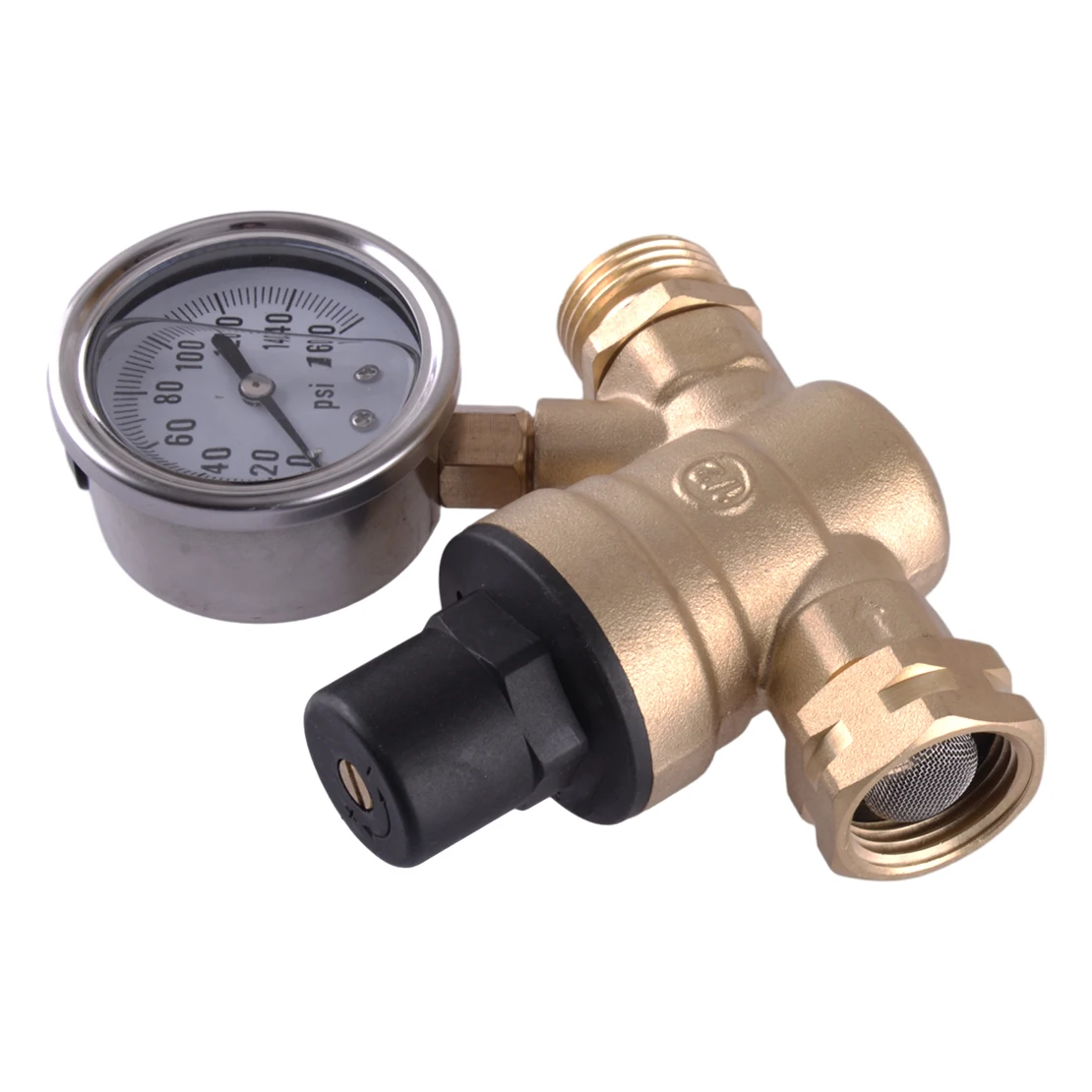 

NEW RV Adjustable Reducer Water Pressure Regulator with Valve Gauge for Camper Travel Trailer Brass Lead 3/4" 14F-200F