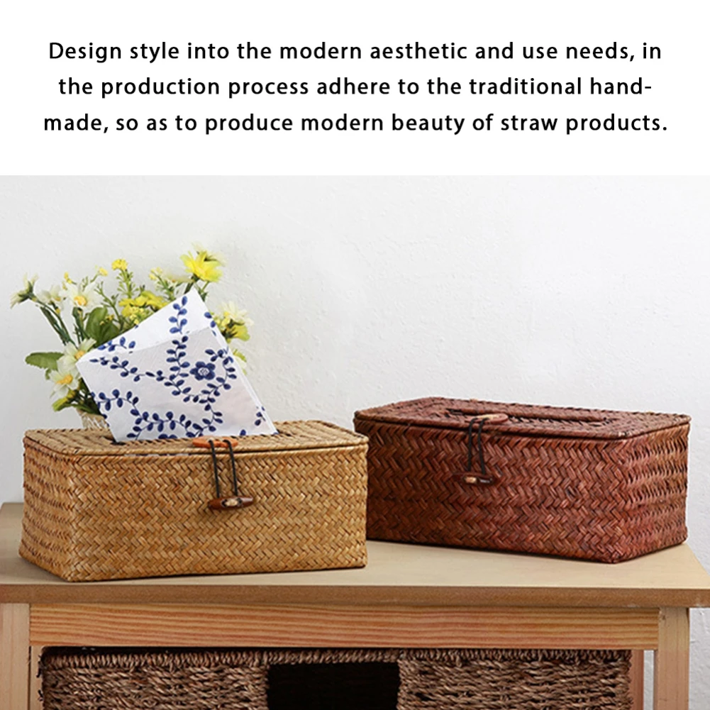 Description Picture 6 of itemCreative Handmade Straw Tissue Box Straw Storage Box Seaweed Basket Delicate Retro Home Living Room Bedroom Kitchen Decoration