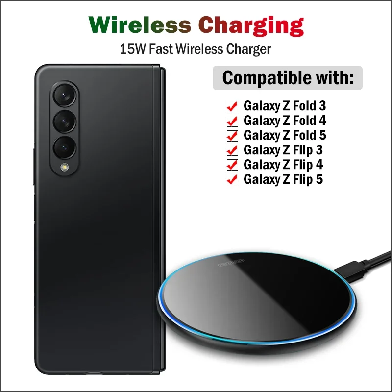 15W Fast Wireless Charger for Samsung Galaxy Z Fold 5 4 3 Galaxy Z Flip 5 4 3 Wireless Charging Pad with USB Cable