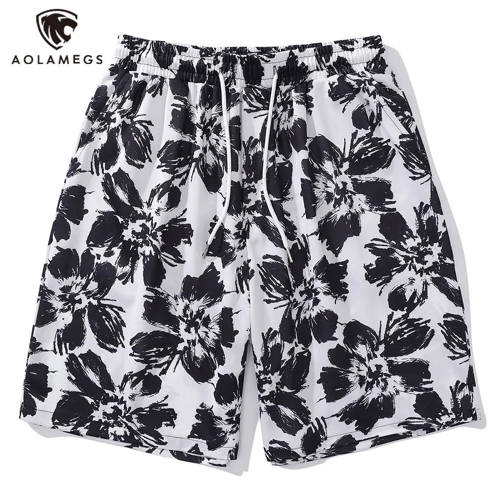

Aolamegs Summer Men Clothing Beach Board Shorts Flower Print High Street Male Sportswear Beachwear Fitness Breathable Streetwear