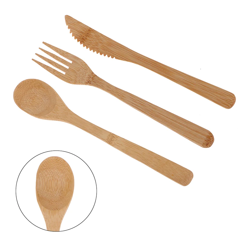 Wooden Cutlery Set 3Pcs/Set Natural Bamboo Fork Cutter Reusable Kitchen Tableware