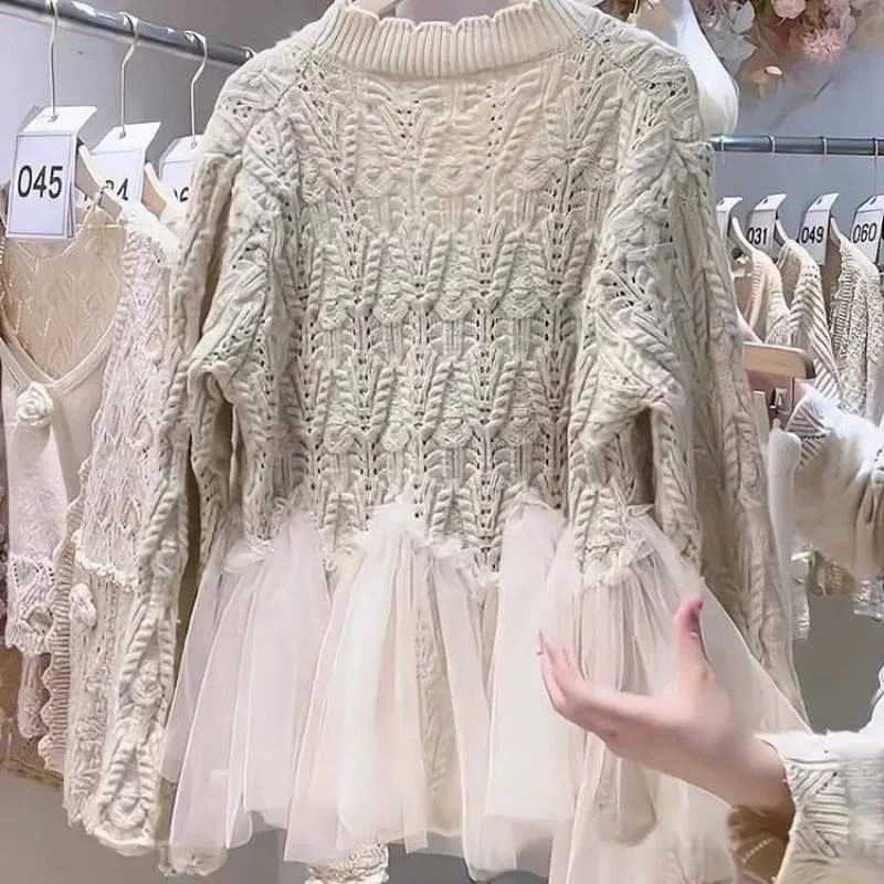 Kimotimo Women 3D Flowers Knitted Cardigan Patchwork Mesh Ruffles Sweater Coat Fashion Hooked Flower Hollow Long Sleeve Tops Ins 5