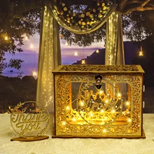 OurWarm Gold Wedding Card Box with Lock Wood Gift Box Holder with Clear Acrylic and String Light Design for Party Decorations 