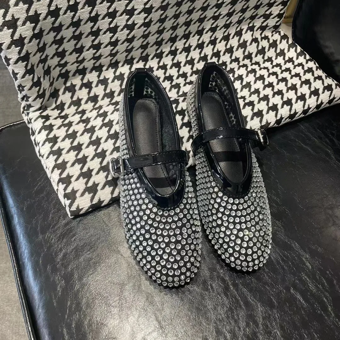 Mesh Buckle Strap Ballet Shoes, Women's Full Diamond Flat Shoes, Hollowed Out Mary Jane Single Shoes, Fishing Net Shoes, Trendy