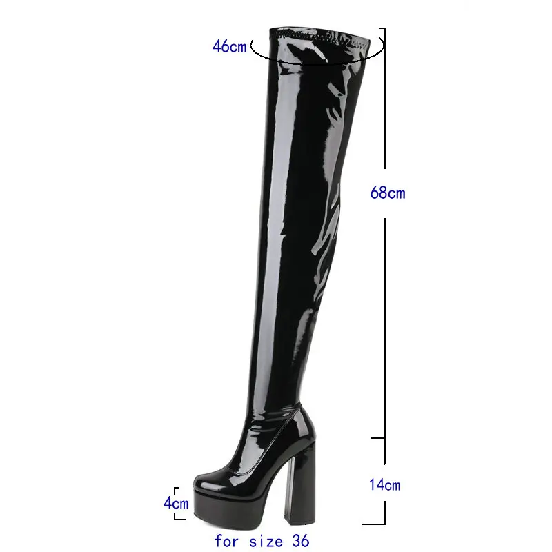 Women Over the Knee Boots Platform Square High Heel Ladies Long Boots PU Leather Round Toe Zipper Party Women's Shoes Black