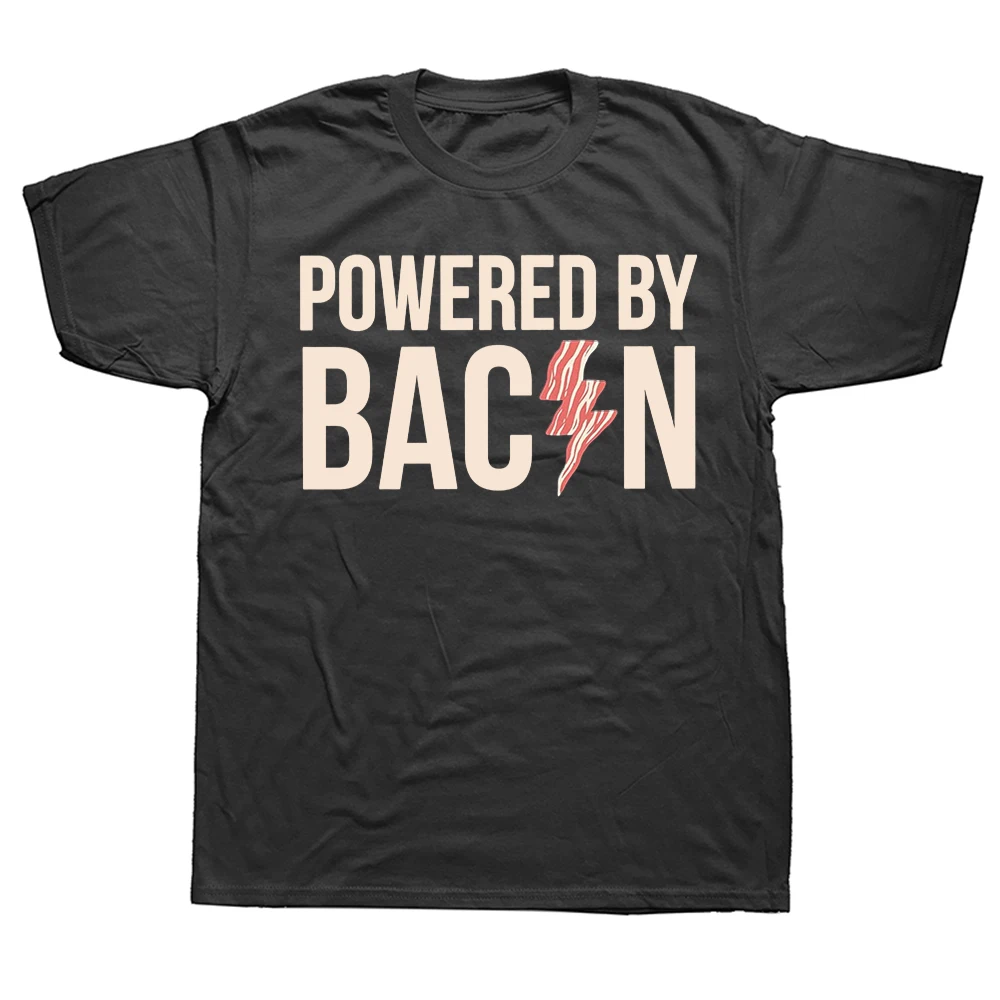 Powered by Bacon T-Shirt, lustiges T-Shirt mit Lebensmittel-Motiv, sarkastisches T-Shirt, Rundhalsausschnitt, modisches T-Shirt, Kleidung, Basic-T-Shirts