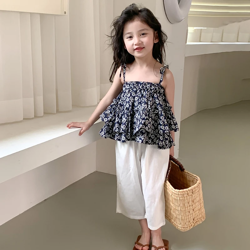 

Children's 2 Sets Summer Floral Camisole Top Solid Color Seven Pants Girls Casual Suit Toddler Children's Clothing