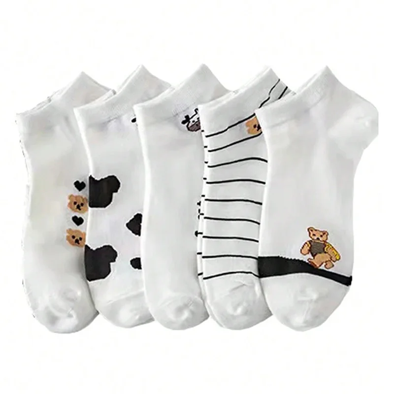 5 paia di calzini bassi con stampa di mucca da donna, estivi, corti, cartoni animati, calzini alla caviglia, carino Asakuchi, traspiranti, per ragazza, piedi, Sokken Set_voghion.com
