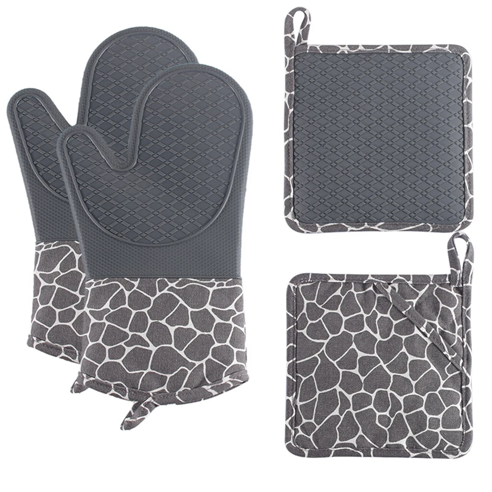 

4X Heat Resistant Silicone Gloves Oven Mitts Pot Holders Set For Cooking Baking Potholders Bakeware Home Kitchen Dining Bar