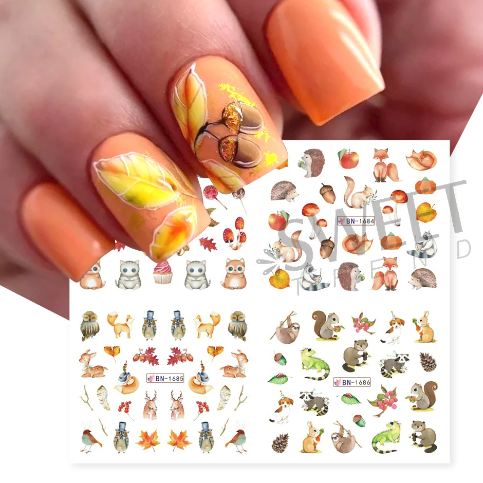 nail stickers 12pcs Hedgehog Animal Pine Cones Gold Fall Design Watercolor Winter Manicure Transfer Sliders