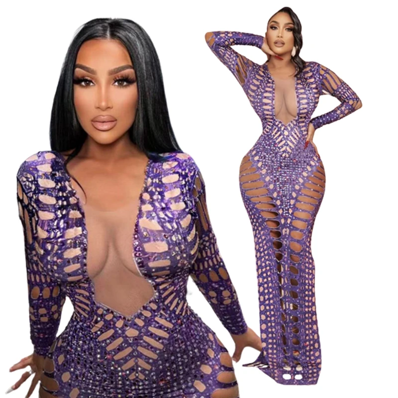 

Fashion Purple Long Dress Sparkle Rhinestones Sexy Cut-Out Dress Ds Dance Birthday Party Club Drag Queen Singer Festival Outfit
