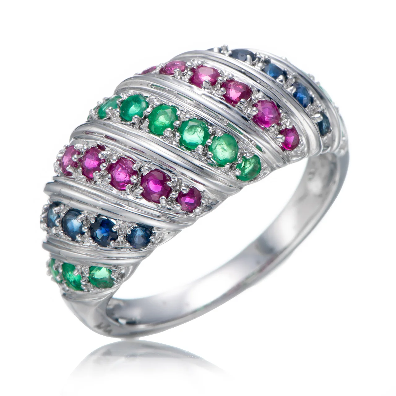 

Emerald and Ruby and Sapphire Rhodium Over Sterling Silver Ring