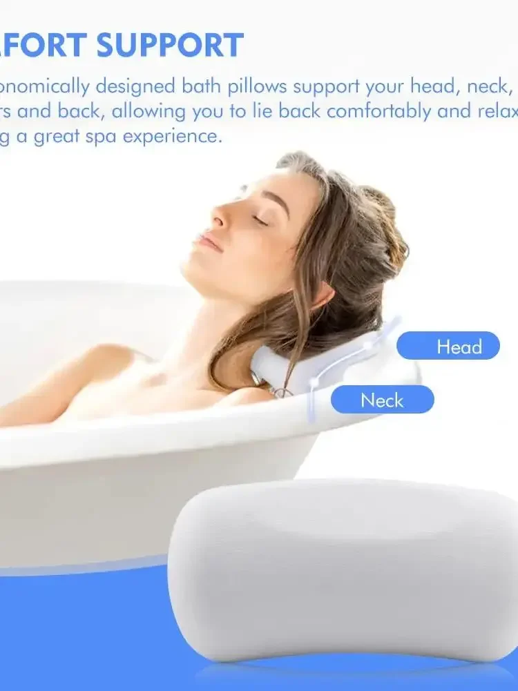 Waterproof Non-Slip Spa Bath Pillow for Hot Tub – Memory Foam Padded Head & Back Cushion with Suction Cups, Comfortable Bathtub