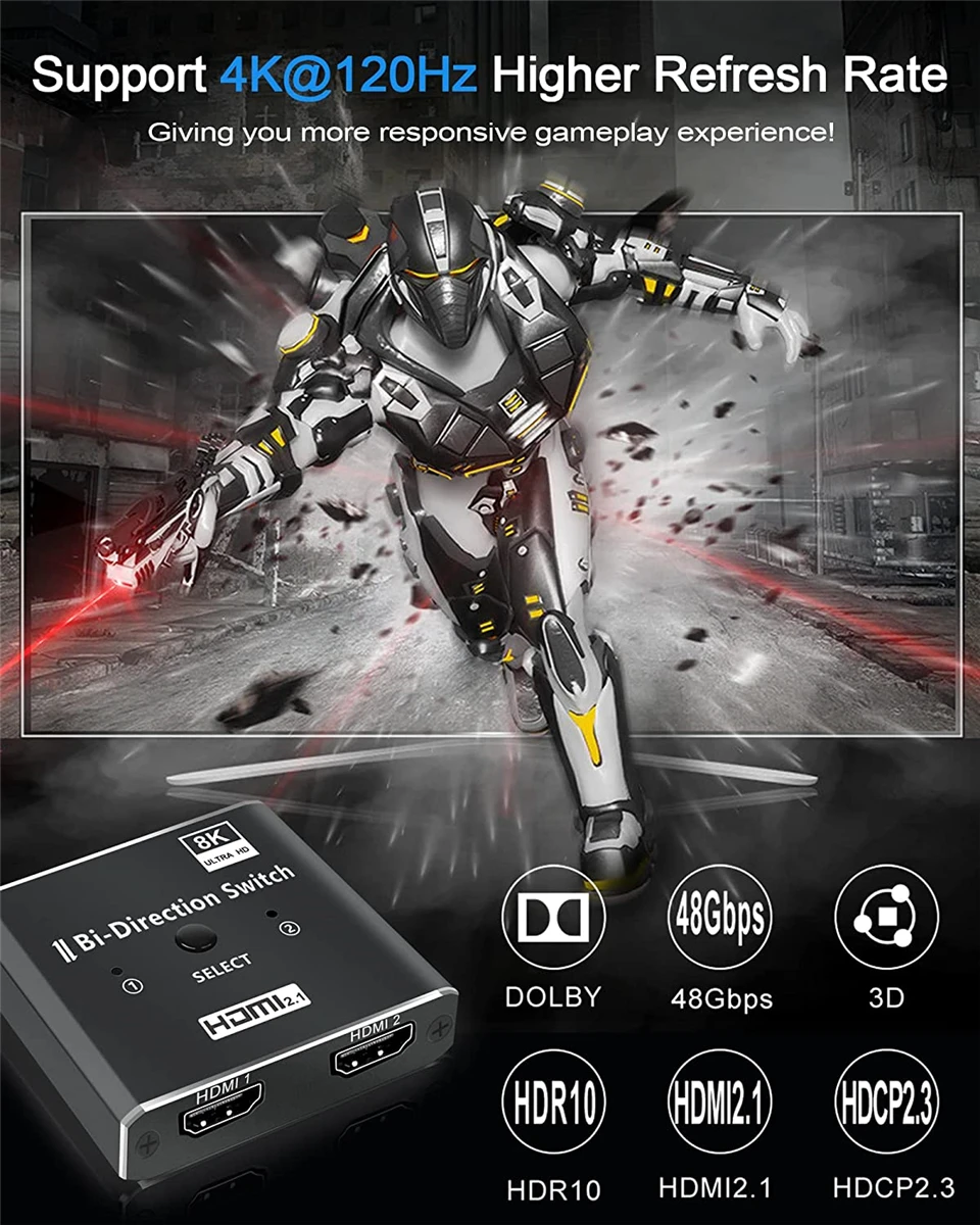 8K 60Hz Switch HDMI-compatible 2 Ports 4K 120Hz HD Bi-Direction Switcher 1x2 2x1