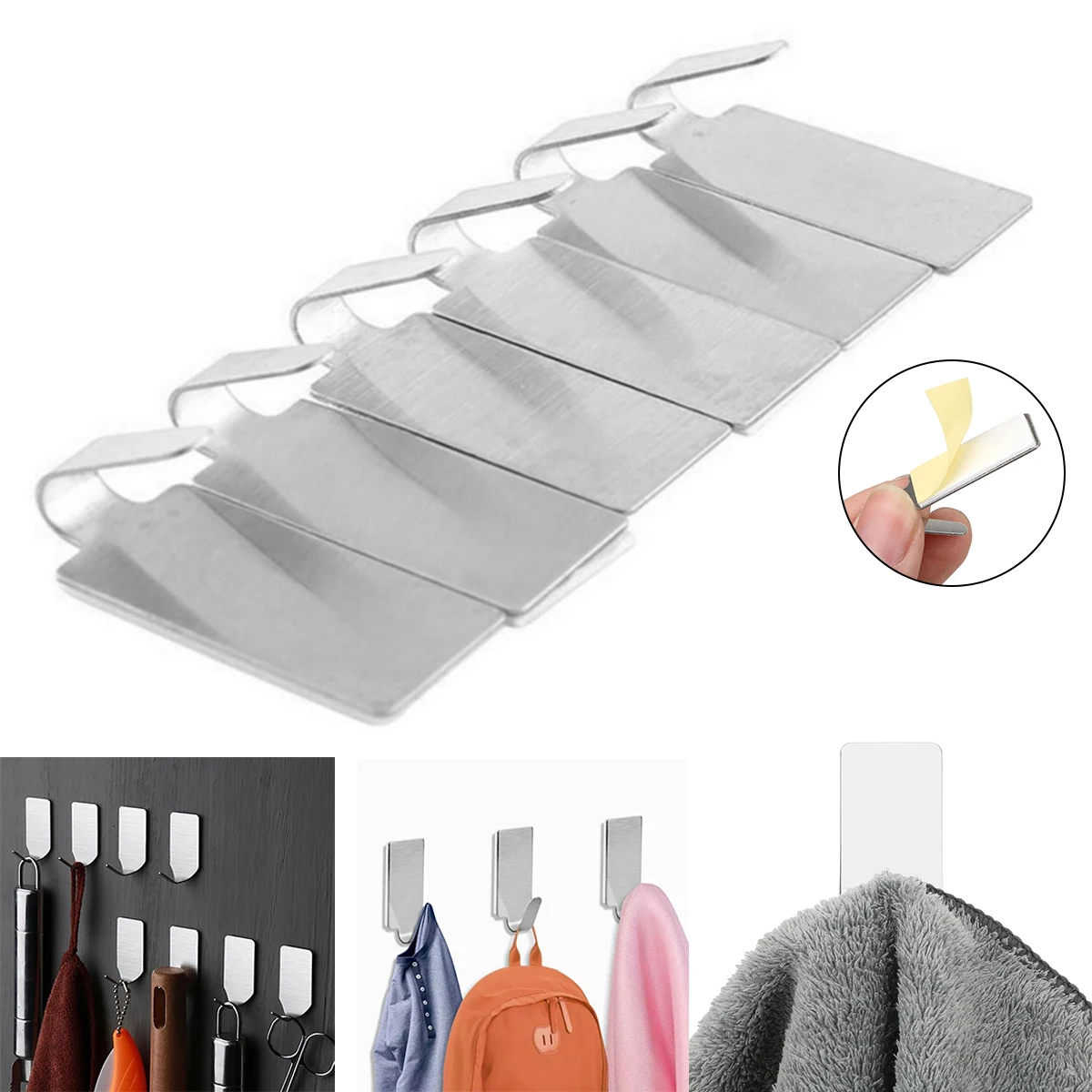 

6pcs Stainless Steel Hooks Creative Kitchen Sticky Hooks Metal Bathroom Nail Free Hooks Behind Door