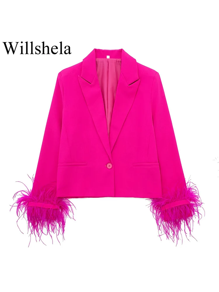 

Willshela Women Fashion With Feather Rose Red Single Button Blazer Vintage Notched Neck Long Sleeves Female Chic Lady Outfits