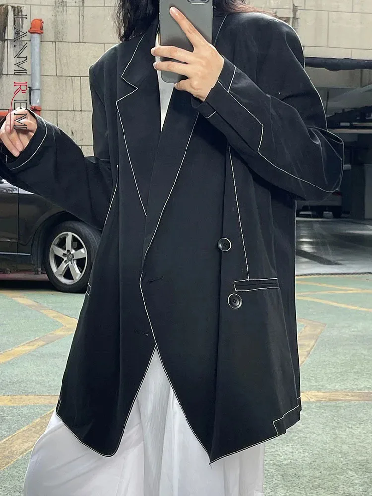 

[LANMREM] Streetwear Blazer For Women Solid Notched Double Breasted Long Sleeve Fashion Jackets Loose 2024 Spring New 26D2678