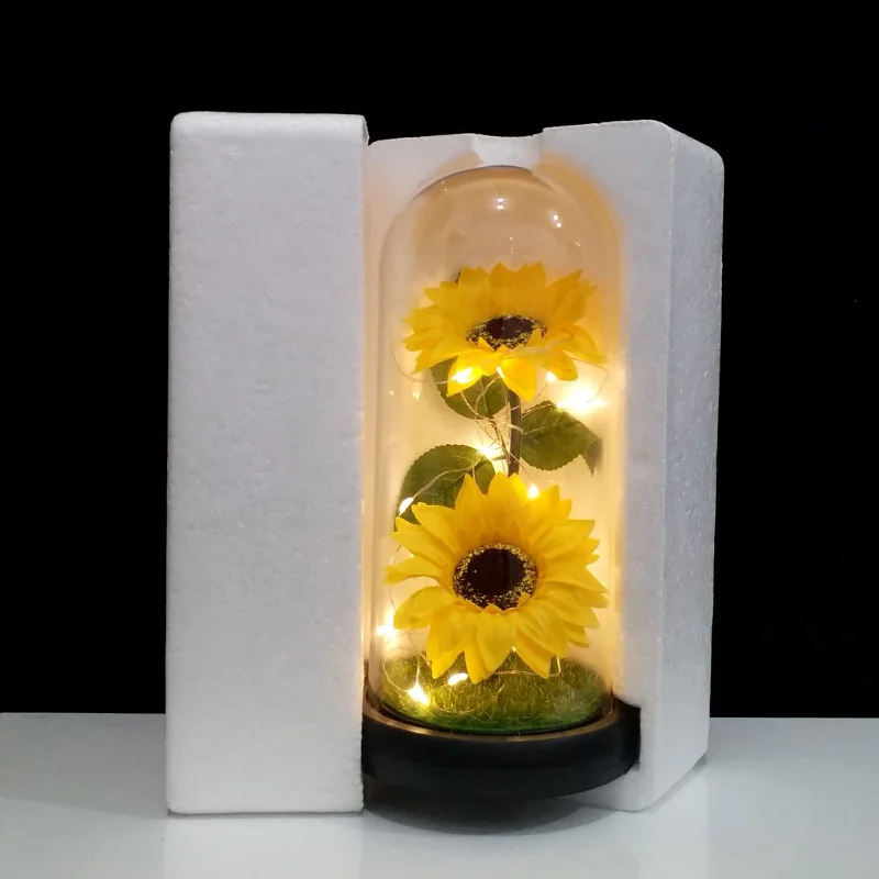 Enchanted Galaxy Glass Rose with Illuminated Crystal Flower and Butterfly Moth in Glass Dome