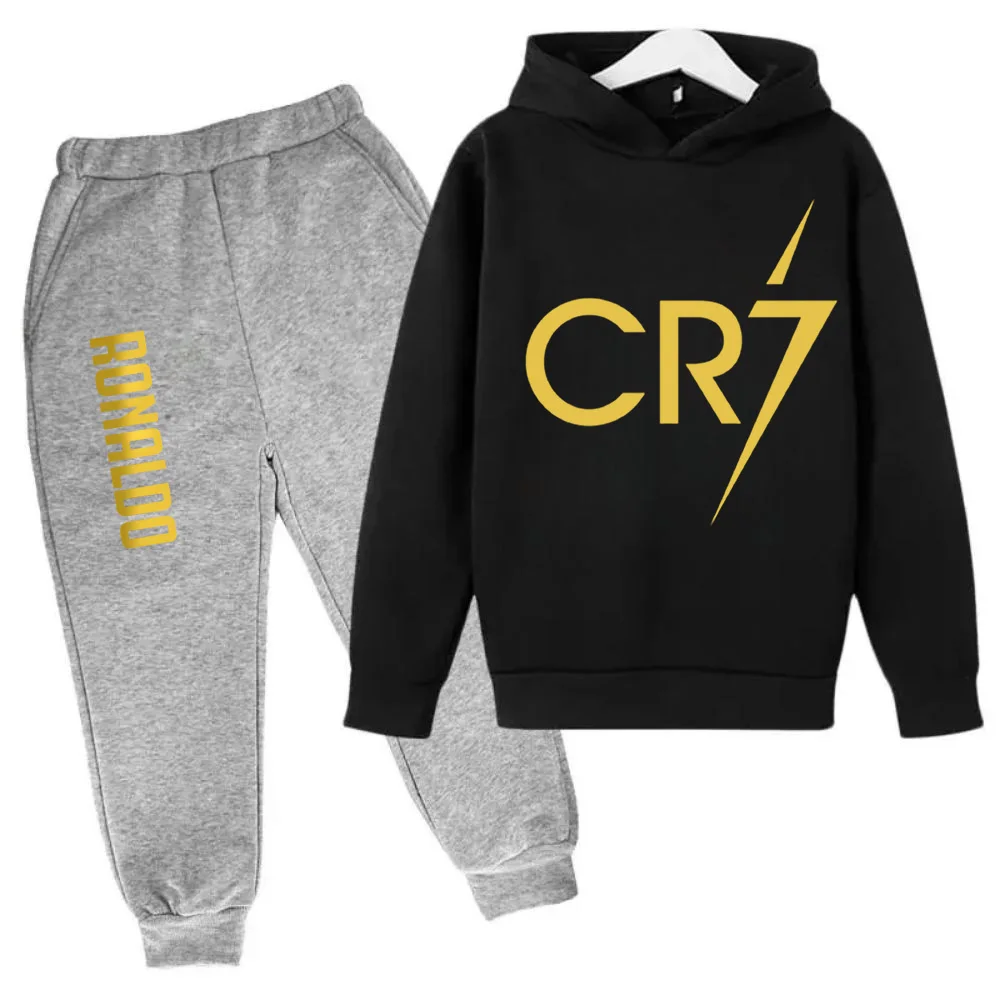 thumbnail image 1 of Conjunto de 2 piezas de sudadera y pantalones CR7 de ídolo de fútbol de primavera y otoño para niños, adecuado para deportes, ocio, moda, chándales para niños y niñas, 1 of 5