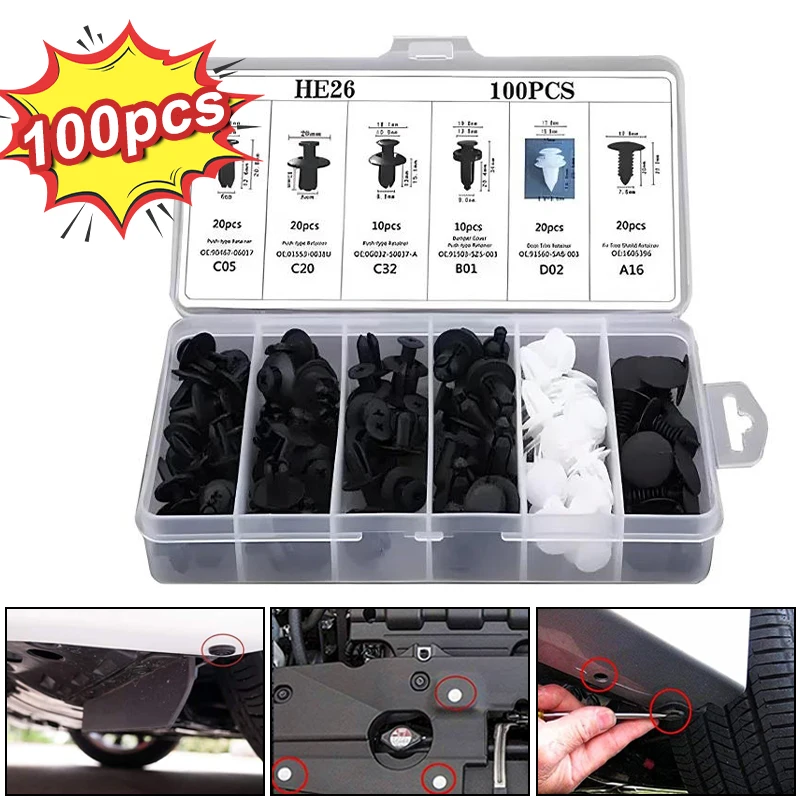 100PCS Car Bumper Clamp Car Plastic Rivet Fastener Push Clamp Kit Mixed