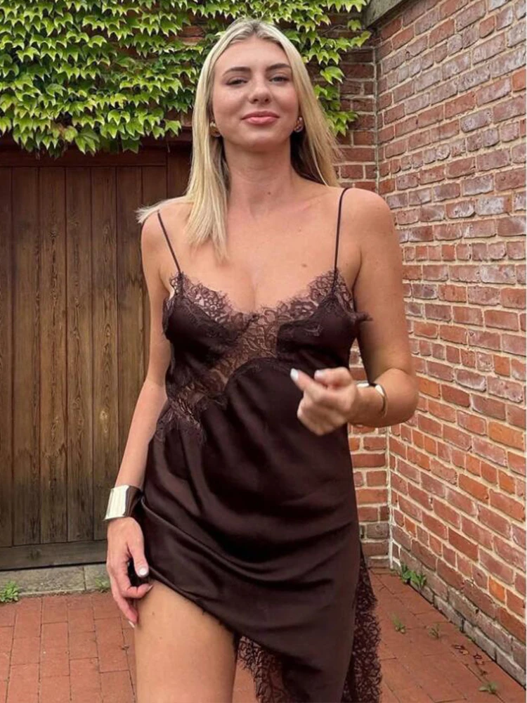 Satin Sexy Lace Spliced Short Sling Dress Women Sleeveless Backless Asymmetric Sexy Party Dresses 2025 Summer Lady Dress ﻿