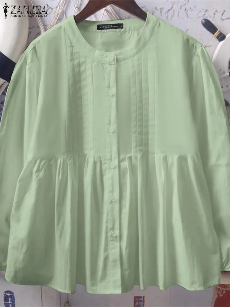

Женская блузка ZANZEA с длинным рукавом, модная Корейская Однотонная рубашка, повседневные свободные плиссированные топы с круглым вырезом, летняя Праздничная туника с оборками, 2024