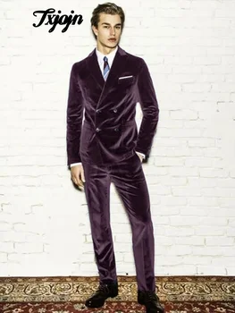 Popular Velvet Double Breasted Men Suits Elegant Solid Color 2 PCS Jacket Pants Elegant Groom 2025 Wedding Slim Fit Outfits 1