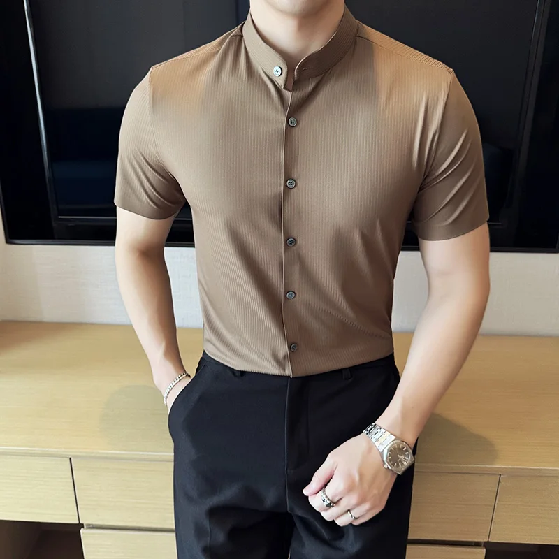

Brand Clothing Men's Summer High Quality Short-Sleeved Shirts Male Slim Fit Ice Silk Shirt with Lapel Men Dress Shirt 4XL-M