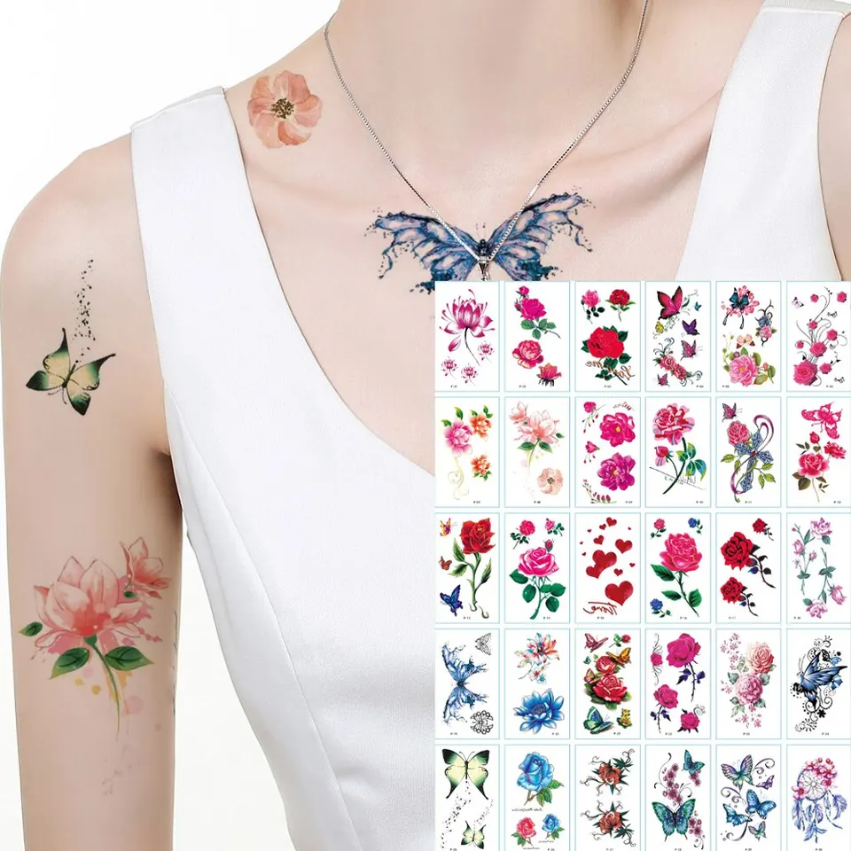 30 pezzi adesivo tatuaggio temporaneo impermeabile 3D colore farfalla rosa  fiore piuma tatuaggio finto tatoo body art per ragazza donna uomo -  AliExpress, image size:960x960