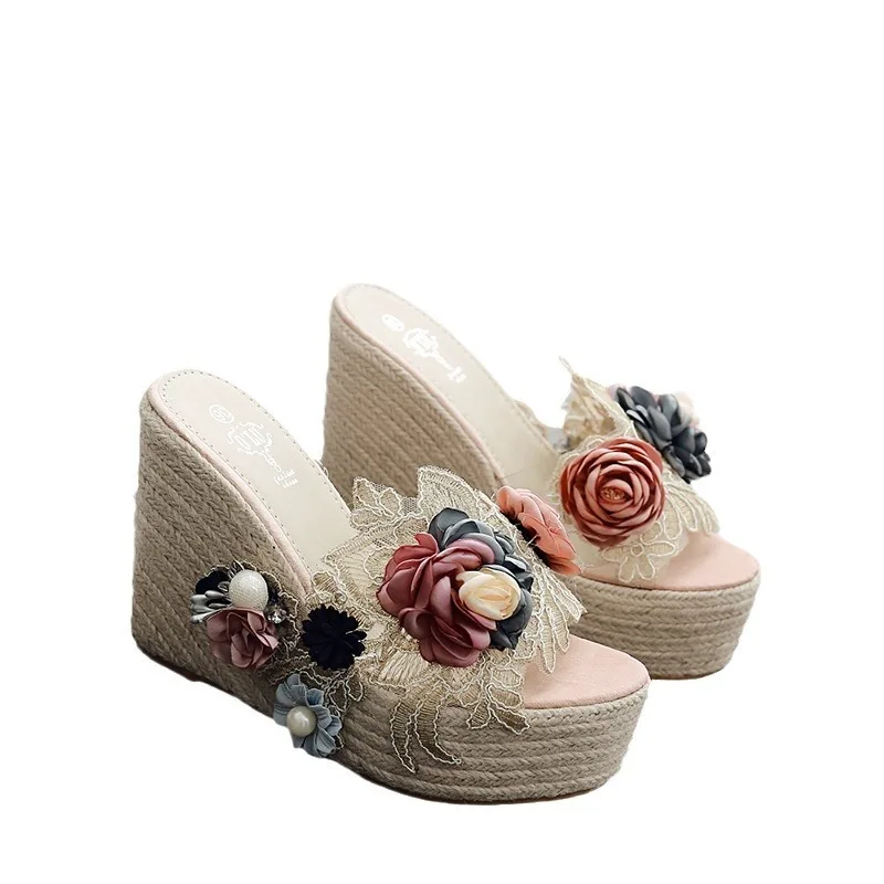 

Colorful Lace Flower 12cm High Square Heels 5cm Platform Pumps Summer Designer Slippers Rope Muffin Slides Elegant Luxury Shoes