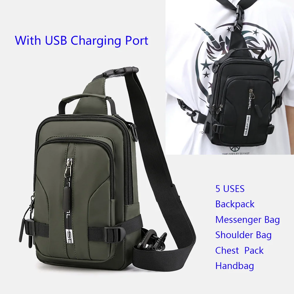 

Backpack Men Nylon Rucksack Knapsack Chest Pack Bags USB Charge Port Male Military Single Messenger Bag Daypack