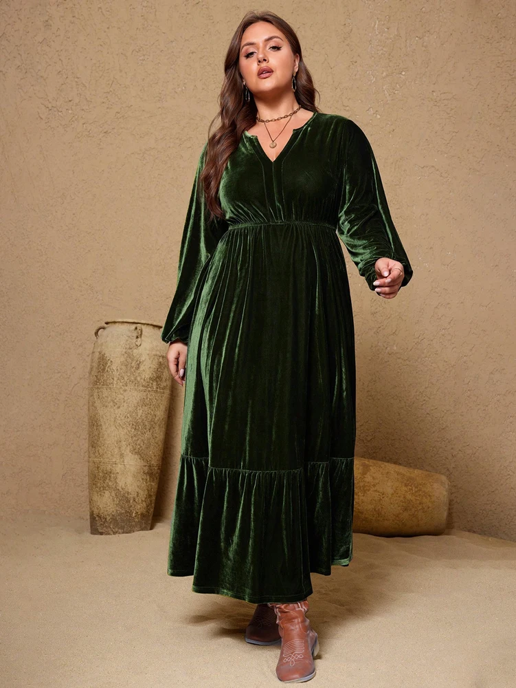Plus Size 2025, Neuankömmling, einfarbig, Glockenärmel, Samt, tailliertes Kleid mit V-Ausschnitt, Abendkleid, festliche Kleidung, Dinnerparty – Detail 9