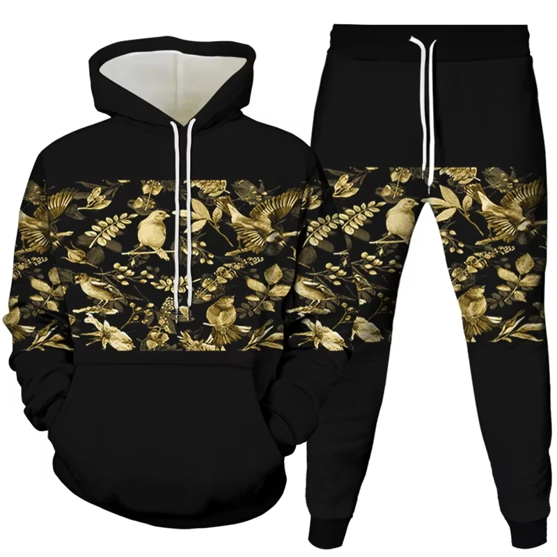 빈티지 하라주쿠 스타일 남성 여성 Tracksuit 의류 Florial Bird Snake Rose Print Sportwear 후드 + 조깅 바지 2Pcs 세트