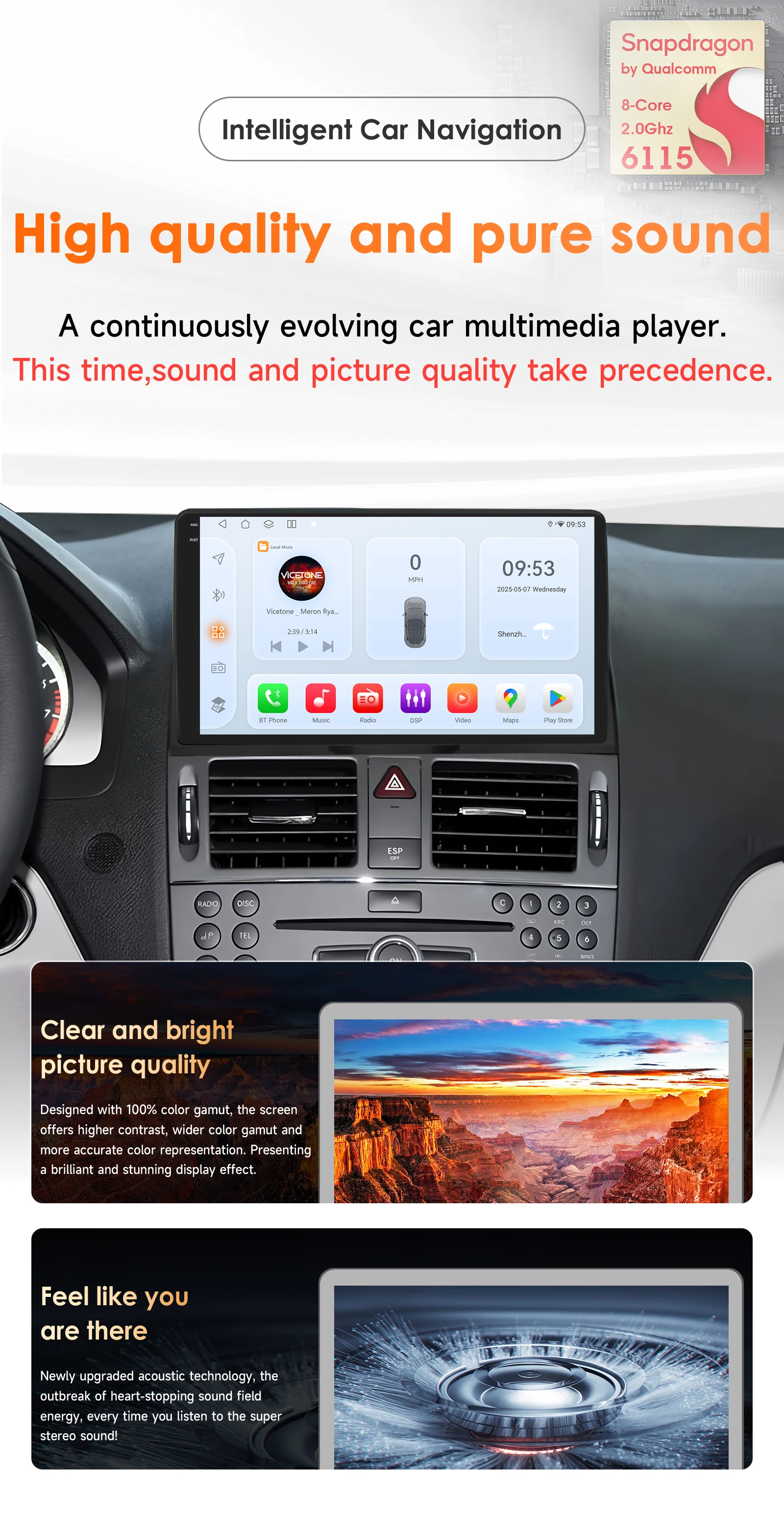 Hizpo Android 14 Auto Multimedia Player Für Mercedes Benz C-Klasse W204 S204 2007-2010 AI Carplay GPS 4G 360 Kamera Snapdragon 6115 – Detail 2