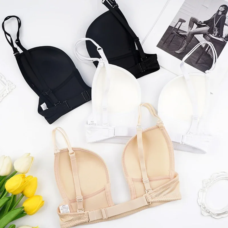 

Deep V Seamless Sexy Bra French Underwear Women Push Up Bras Summer Detachable Strap Backless Brassiere for Wedding Party