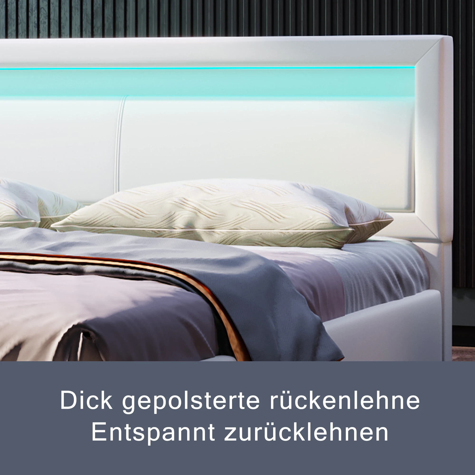 Upholstered Bed LED Bed 140*200cm with Slatted Frame and Storage Space with Illuminated Headboard in Various Colors White