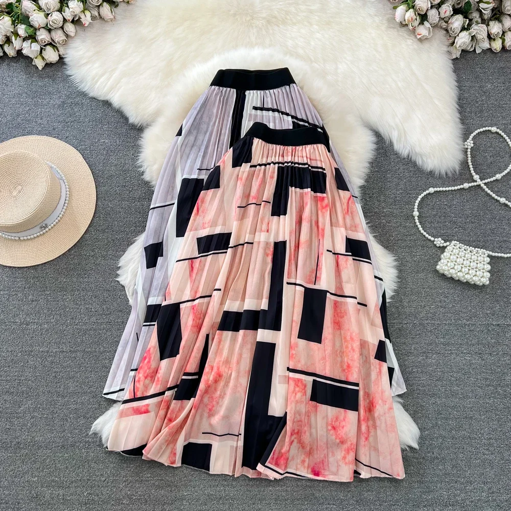 

Autumn Long Skirts for Women Printed A-line High Waist Female Pleated Skirt French Chic Spring Causal Almighty Skirt Dropship