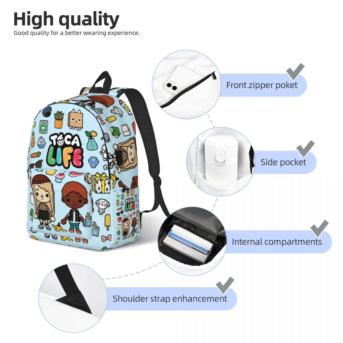 Toca Boca Game Fashion Backpack Sports High School Work Daypack for Men Women Laptop Computer Shoulder Bag