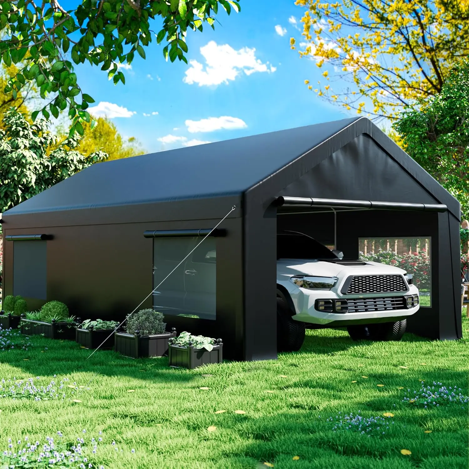Description Picture 2 of itemCarport 12' X 20' Heavy Duty Portable Garage, Carport Canopy With Side-Opening Door & Roll-Up Windows, Car Canopy Reinforced