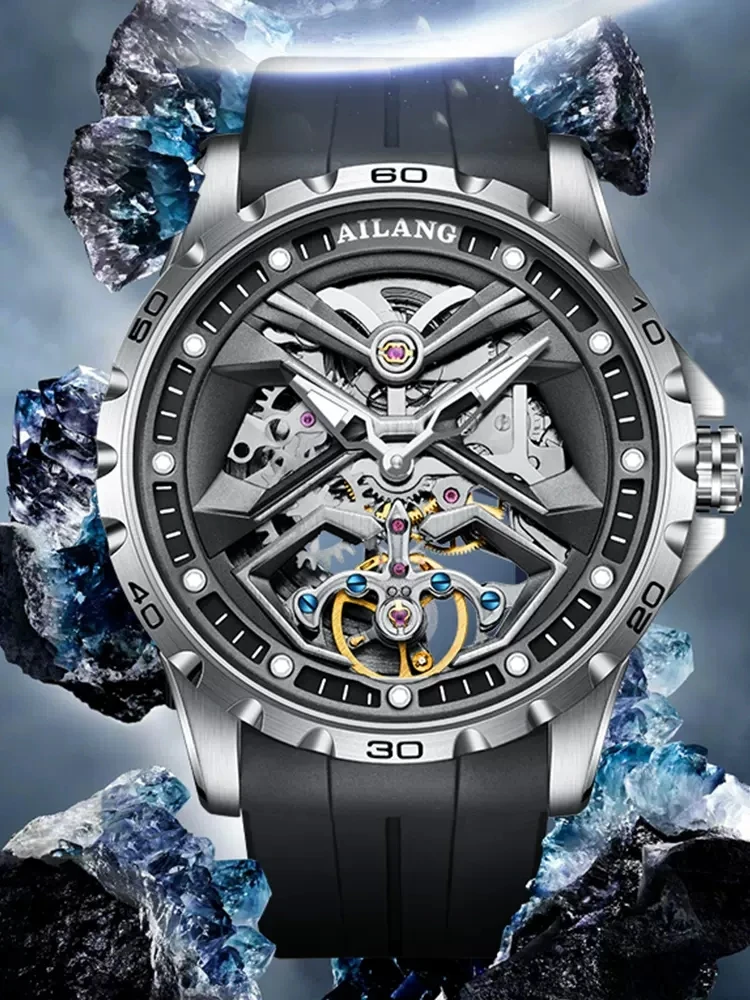 AILANG New Design Full Hollow Tourbillon Watch Sport Silicone Strap Automatic Men Watches Waterproof Skeleton Mechanical Watch