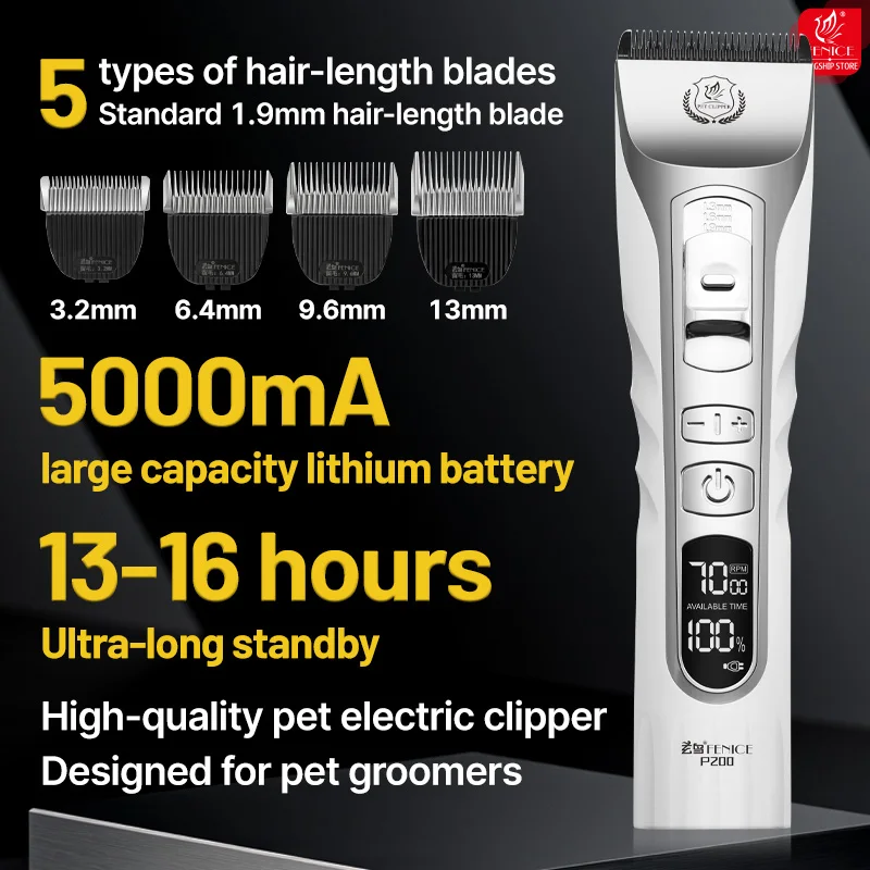 Fenice Professional Dog Grooming Machine Low-noise Clipper 5000mA Capacity Cordless LCD Screen Electronic Rechargeable Shaver