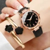 6PCs/Set Women's Watch Fashion Digital Leather Quartz Watch with Unique Flower Jewelry Set 3