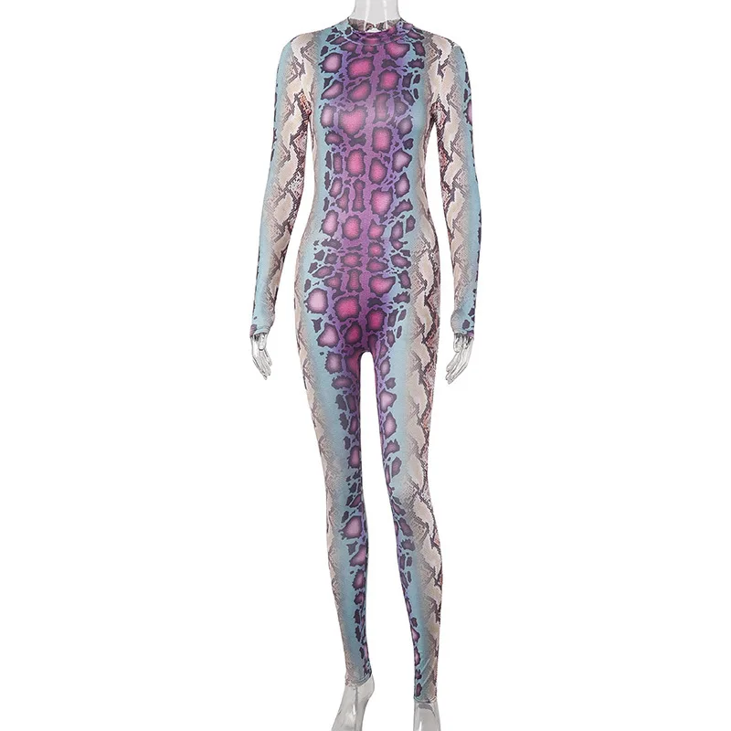 Women's Summer New Snake Patterned Long Sleeved Tight Fitting Jumpsuit One-piece Pants High Street Matching Nightclub Matching 6