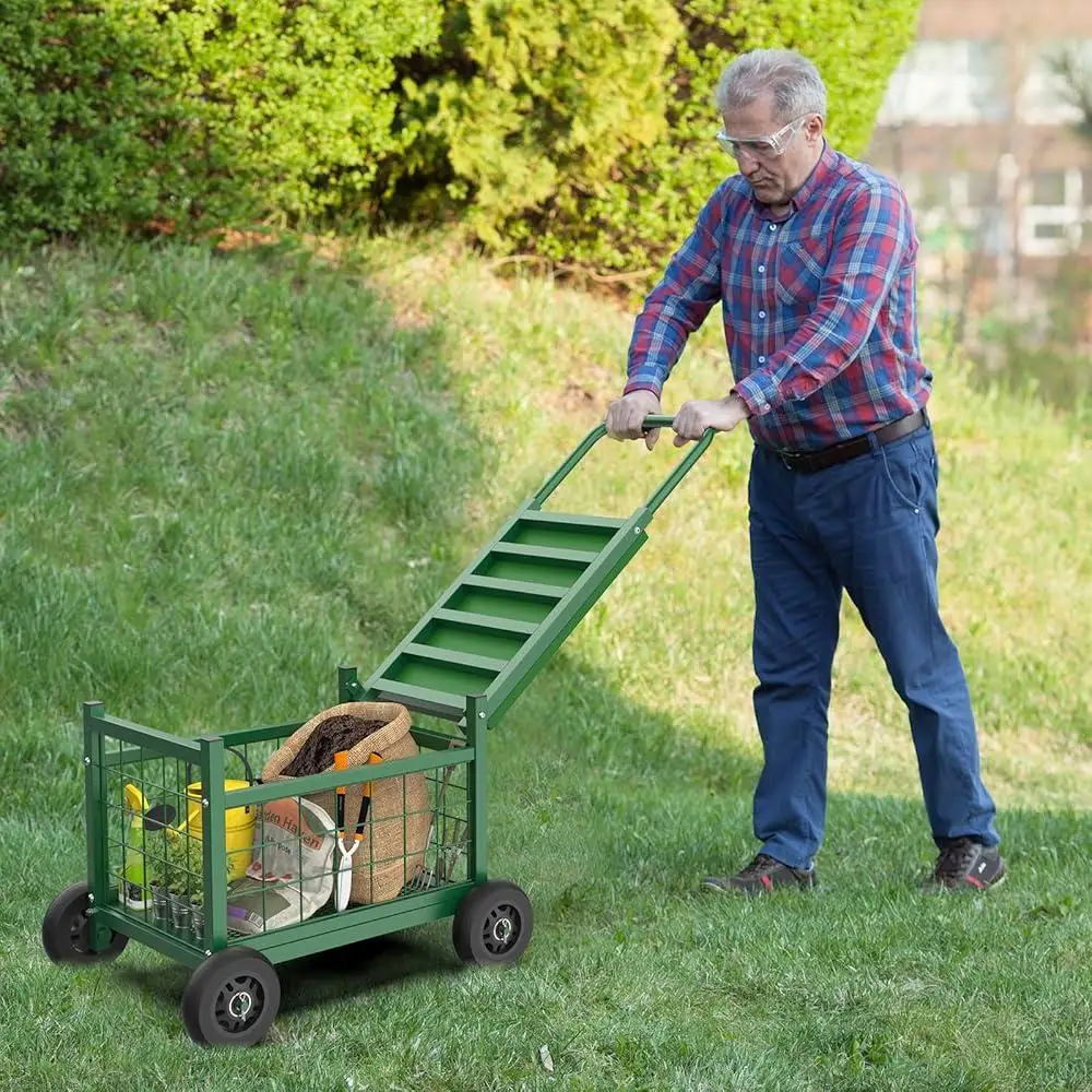 Heavy Duty Rolling Garden Cart with Seat 4-in-1 Ergonomic Design Garden Work Seat on Wheels Sturdy Metal Construction Easy 3