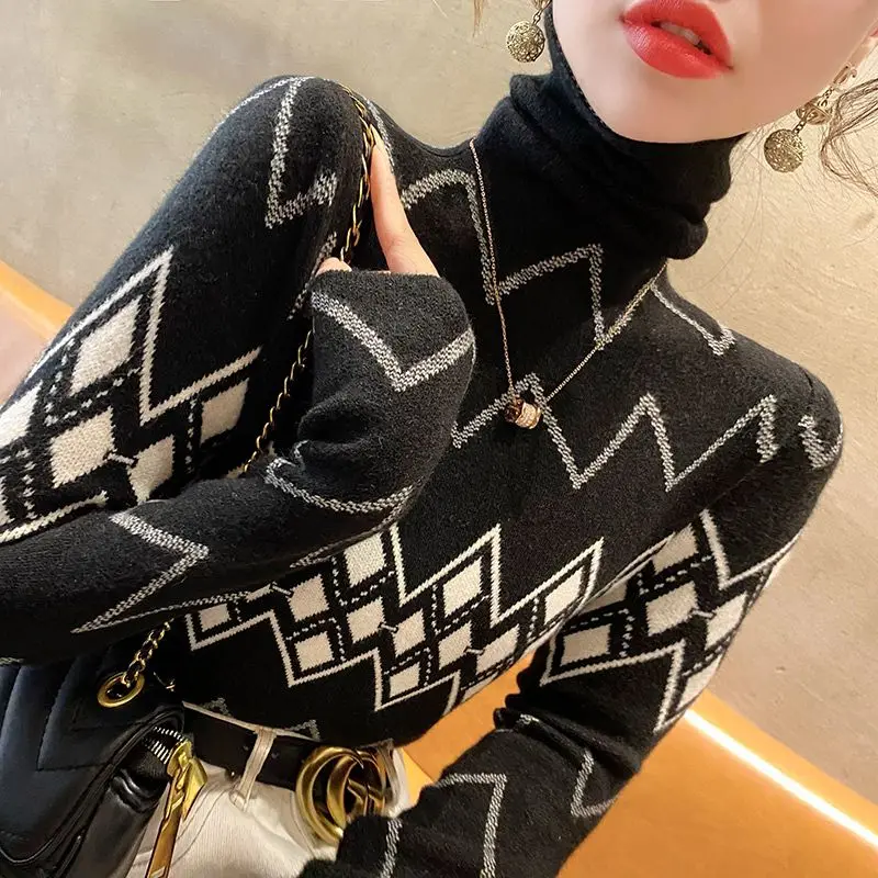 

Turtleneck Sweater Women's 2023 Winter Commute Undershirt New Color Locked Striped Argyle Knitted Long Sleeve Pullover Slim Tops